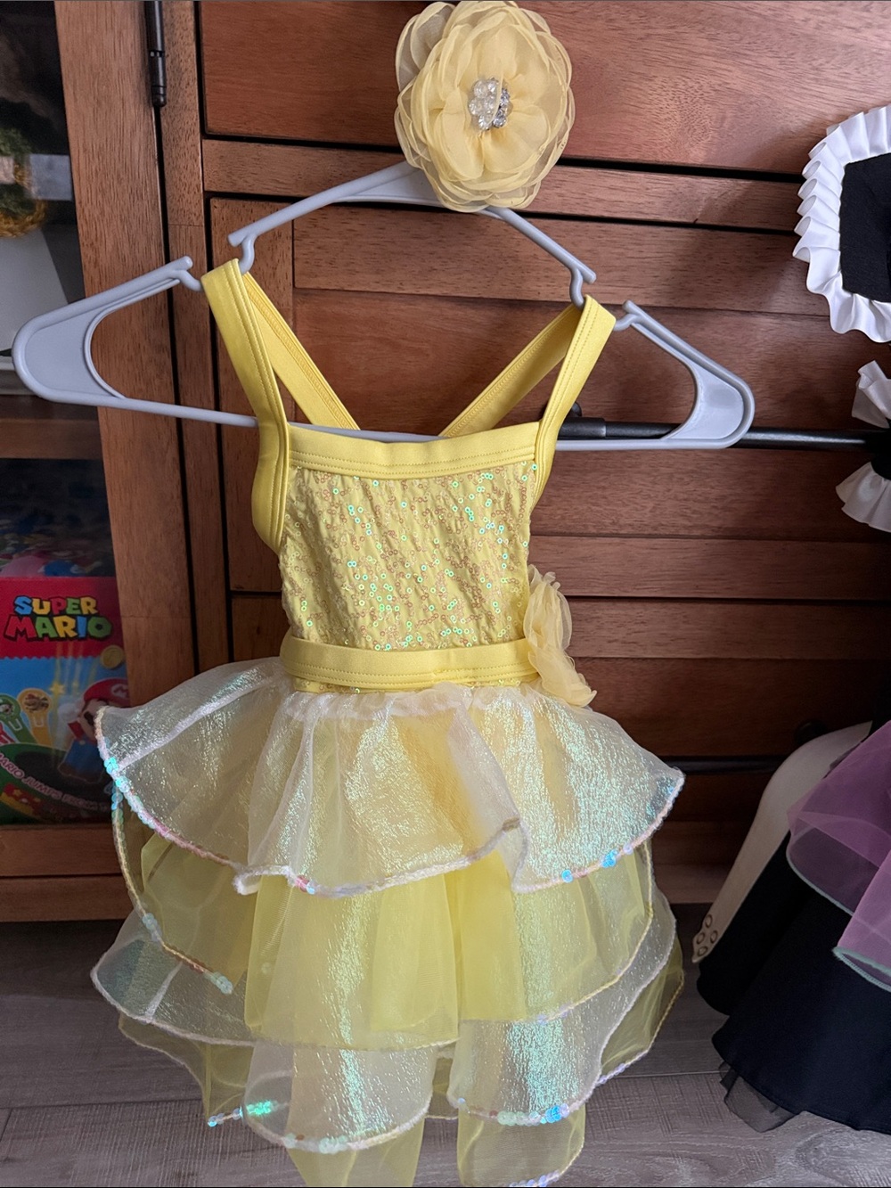 WEISSMAN Yellow Sequin Cross Back Tutu Costume With Flower Accent- Toddler Girl